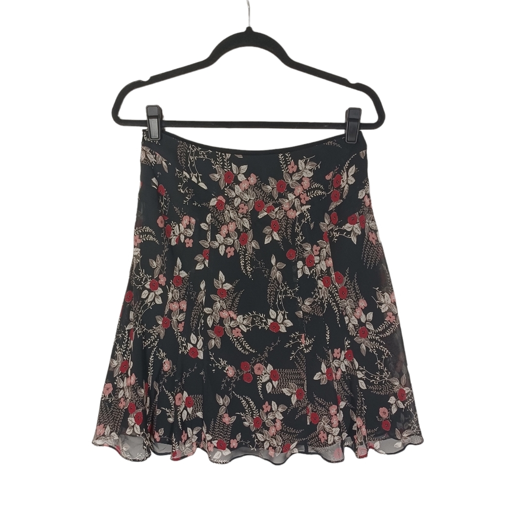 ANN TAYLOR LOFT PETITE Red White Floral Print A Line Black Skirt 6P Small